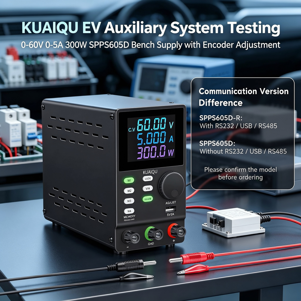 KUAIQU EV Auxiliary System Testing 0-60V 0-5A 300W SPPS605D Bench Supply with Encoder Adjustment