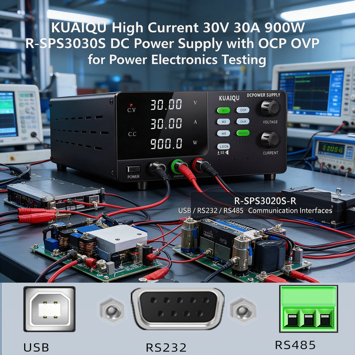 KUAIQU High Current 30V 30A 900W R-SPS3030S DC Power Supply with OCP OVP for Power Electronics Testing