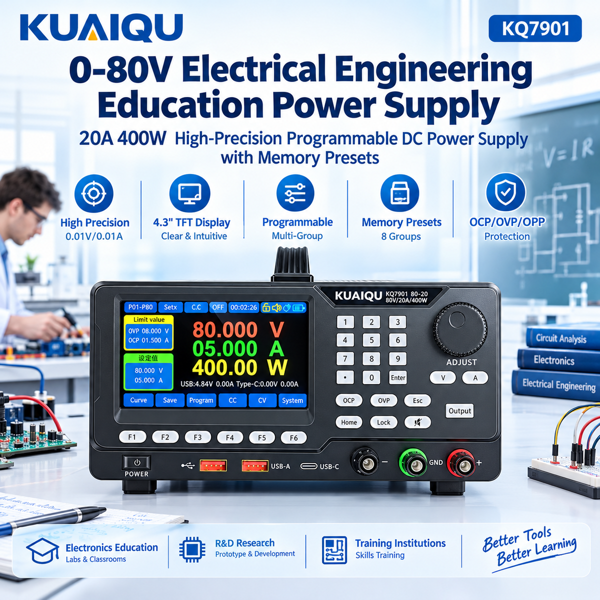 0-80V Electrical Engineering Education Power Supply,20A 400W High-Precision Programmable DC Power Supply with Memory Presets