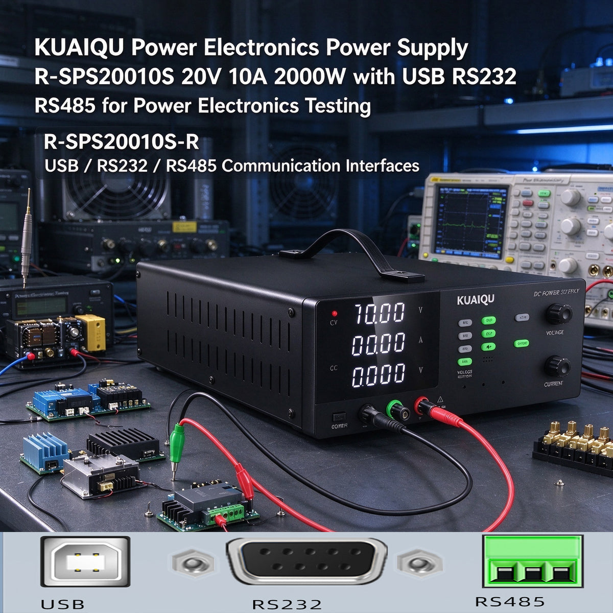 KUAIQU Power Electronics Power Supply R-SPS20010S 200V 10A 2000W with USB RS232 RS485 for Power Electronics Testing