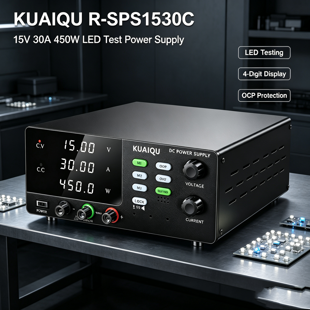 KUAIQU R-SPS1530C 15V 30A 450W LED Test Power Supply with 4-Digit Display for LED Testing