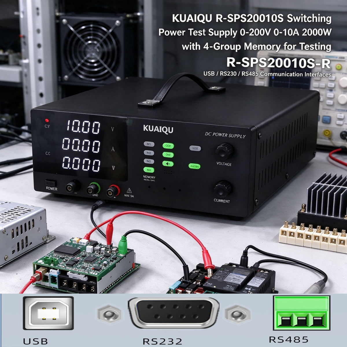 KUAIQU R-SPS20010S Switching Power Test Supply 0-200V 0-10A 2000W with 4-Group Memory for Testing