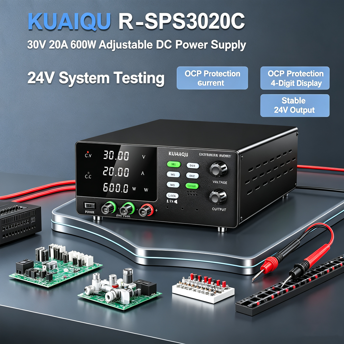 KUAIQU R-SPS3020C 30V 20A 600W Adjustable DC Power Supply with OCP for 24V System Testing