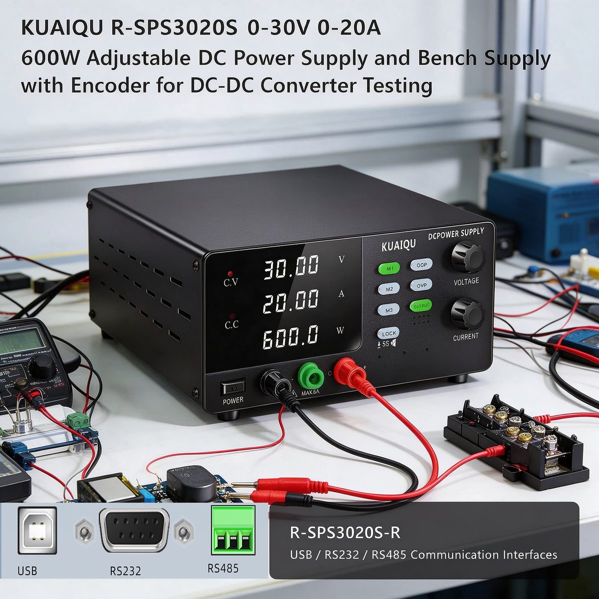 KUAIQU R-SPS3020S 0-30V 0-20A 600W Adjustable DC Power Supply and Bench Supply with Encoder for DC-DC Converter Testing