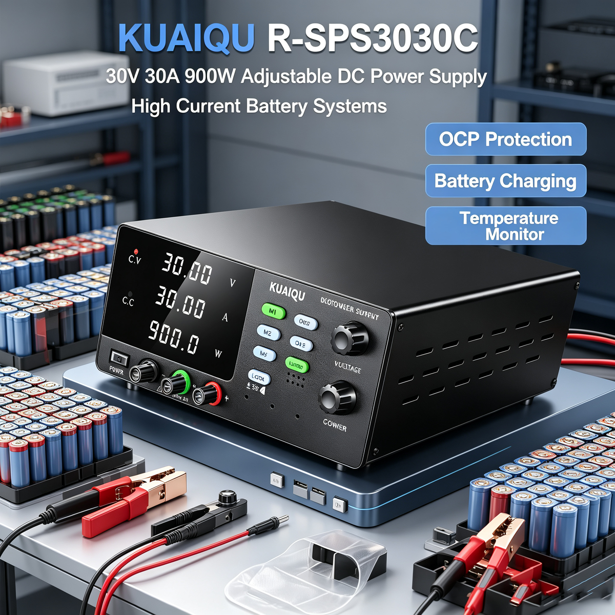 KUAIQU R-SPS3030C 30V 30A 900W Adjustable DC Power Supply with OCP for High Current Battery Systems