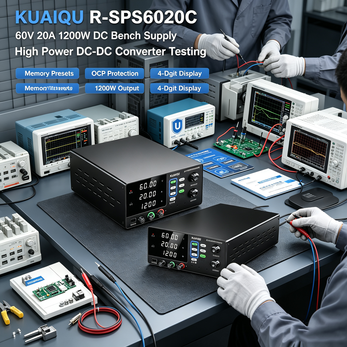 KUAIQU R-SPS6020C 60V 20A 1200W DC Bench Supply with Memory & OCP for High Power DC-DC Converter Testing