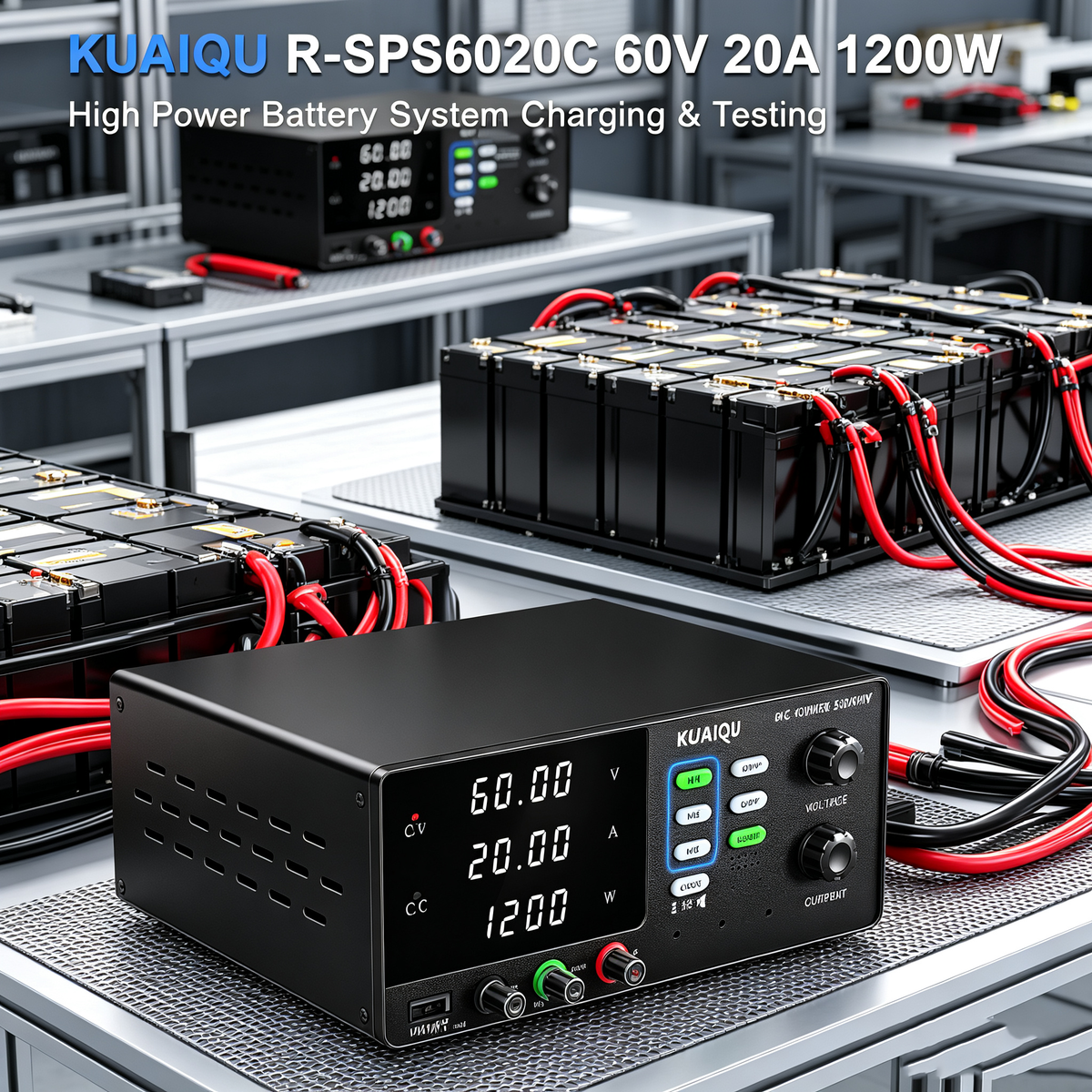 KUAIQU R-SPS6020C 60V 20A 1200W DC Power Source with Battery Charging & OCP for High Power Battery Systems