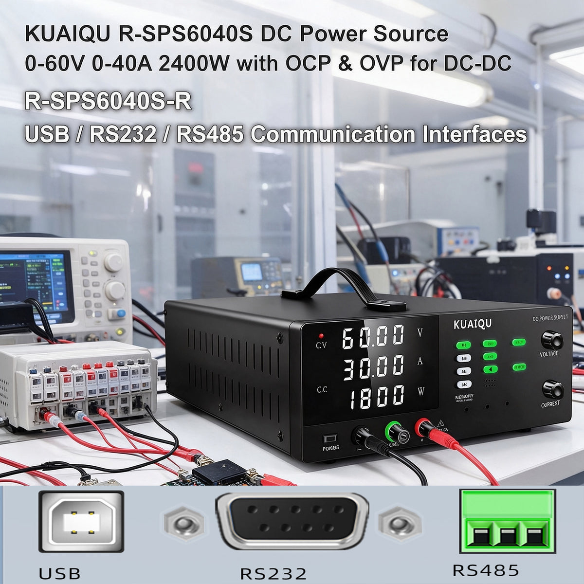 KUAIQU R-SPS6040S DC Power Source 0-60V 0-40A 2400W with OCP & OVP for DC-DC Converter Testing