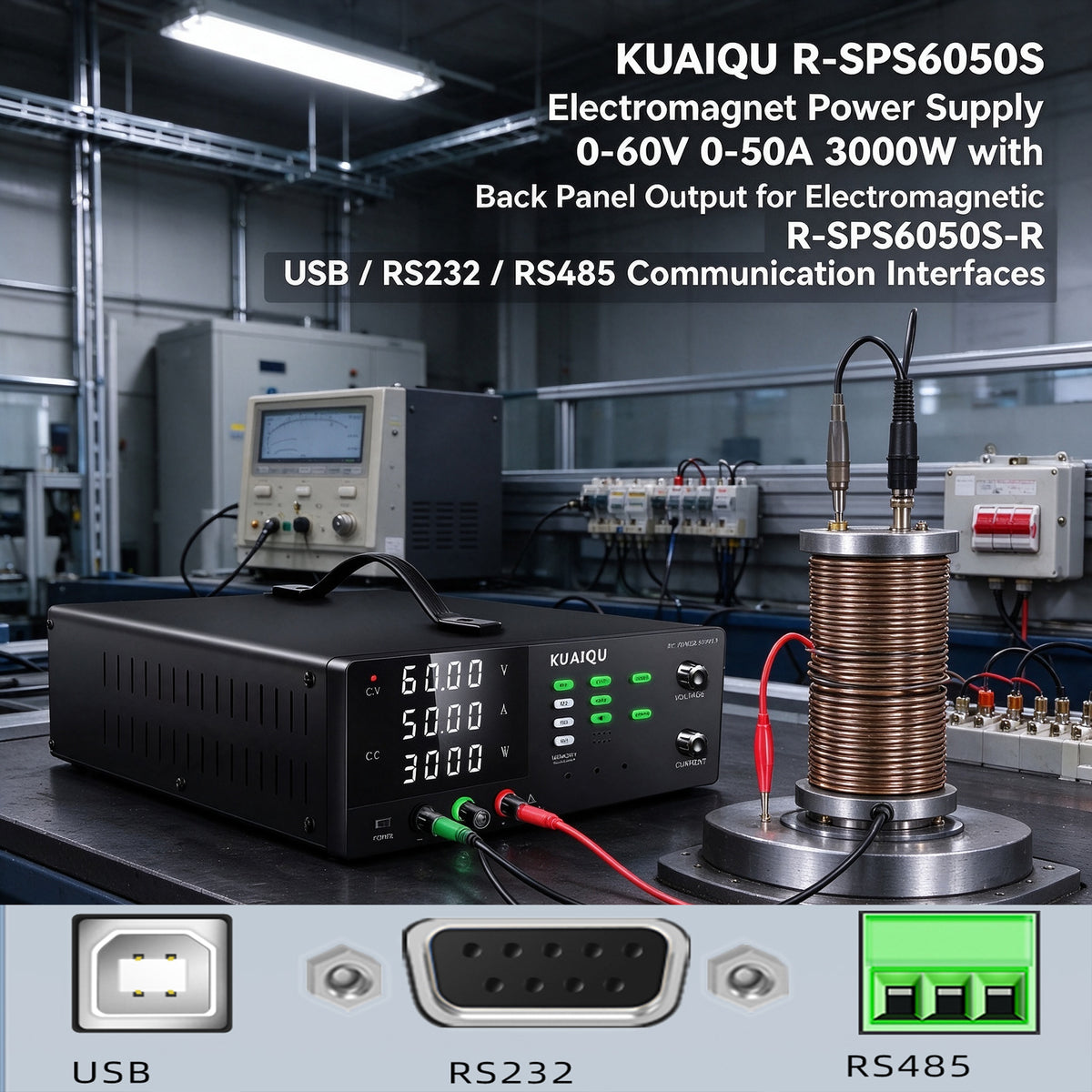 KUAIQU R-SPS6050S Electromagnet Power Supply 0-60V 0-50A 3000W with Back Panel Output for Electromagnetic System Testing