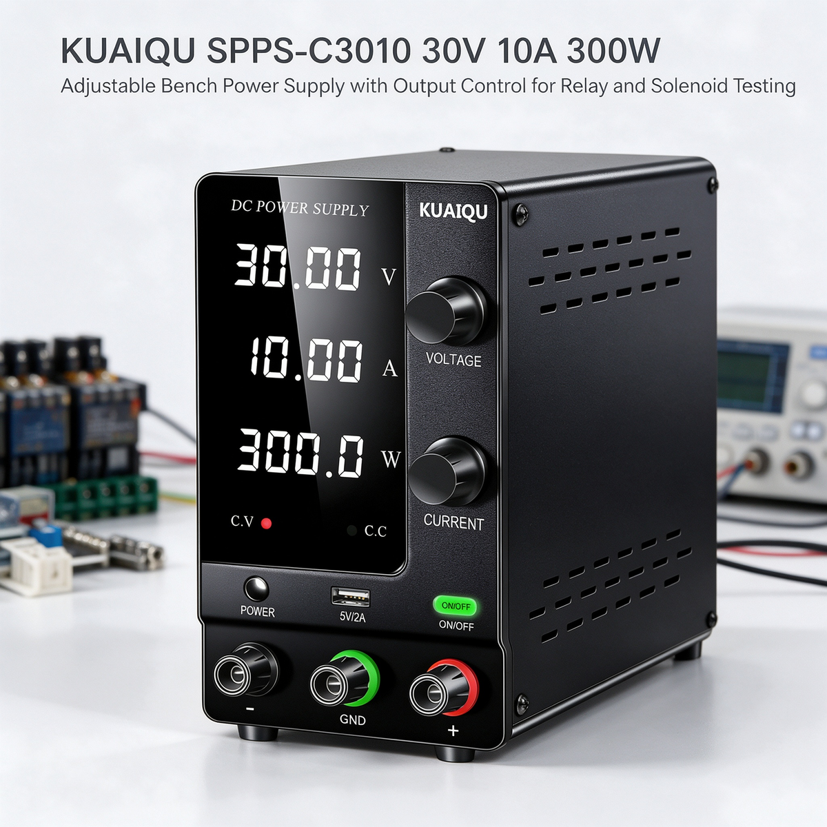 KUAIQU SPPS-C3010 30V 10A 300W Adjustable Bench Power Supply with Output Control for Relay and Solenoid Testing