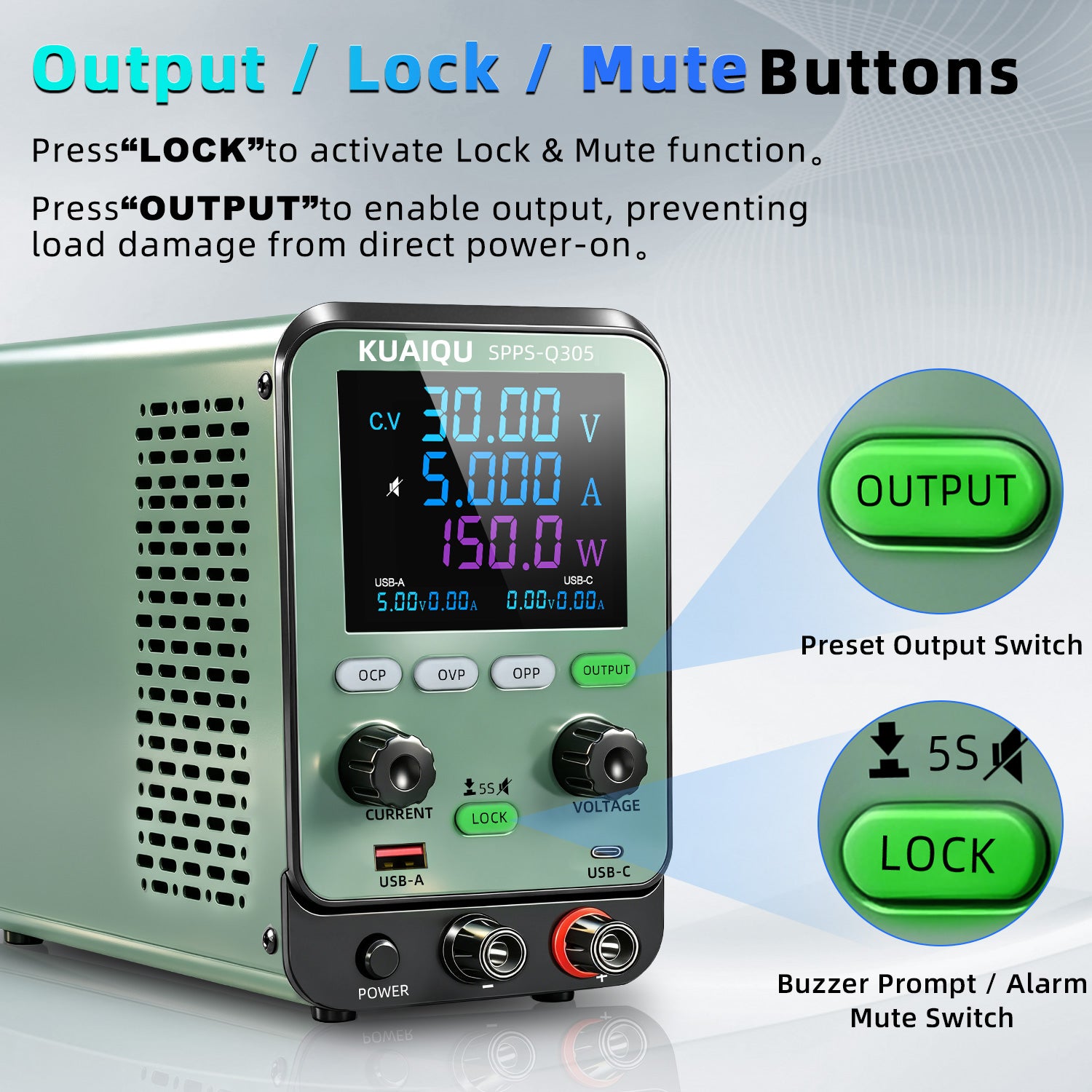 KUAIQU SPPS-Q 30V 60V  Adjustable DC Power Supply with Color LCD Display, OVP/OCP/OPP Protection & USB Charging