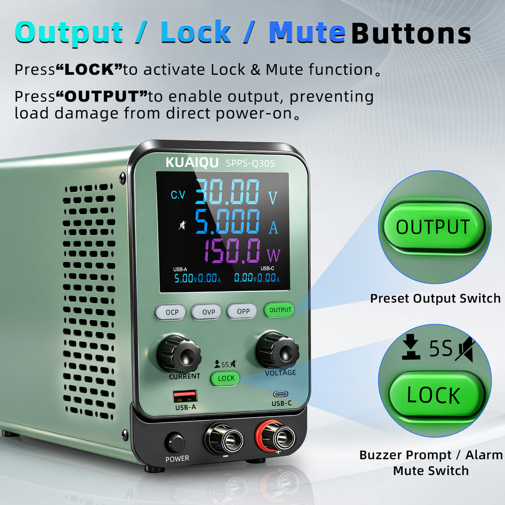 KUAIQU SPPS-Q 30V 60V  Adjustable DC Power Supply with Color LCD Display, OVP/OCP/OPP Protection & USB Charging