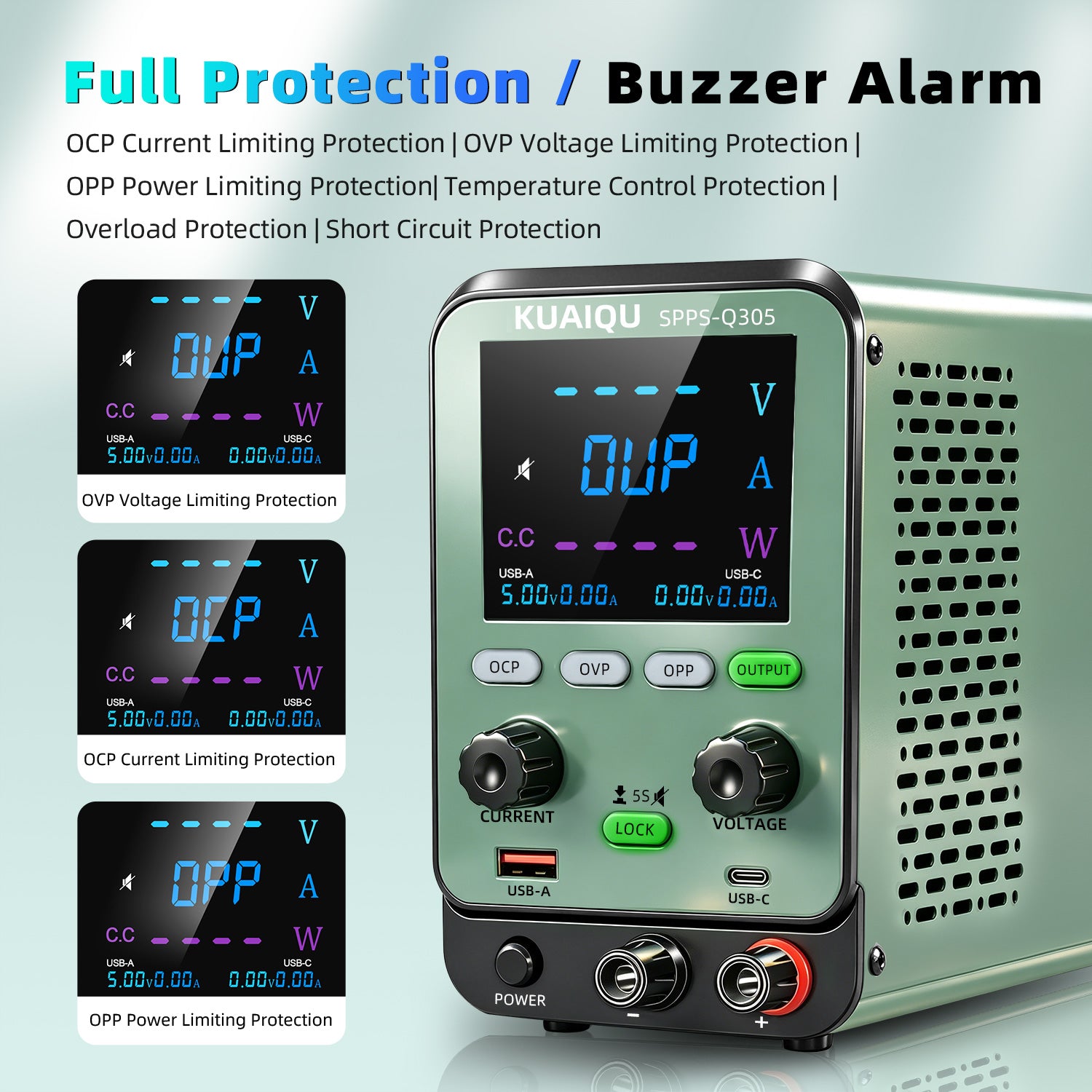 KUAIQU SPPS-Q 30V 60V  Adjustable DC Power Supply with Color LCD Display, OVP/OCP/OPP Protection & USB Charging