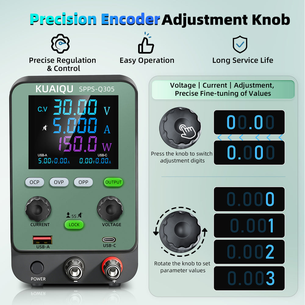 KUAIQU SPPS-Q 30V 60V  Adjustable DC Power Supply with Color LCD Display, OVP/OCP/OPP Protection & USB Charging