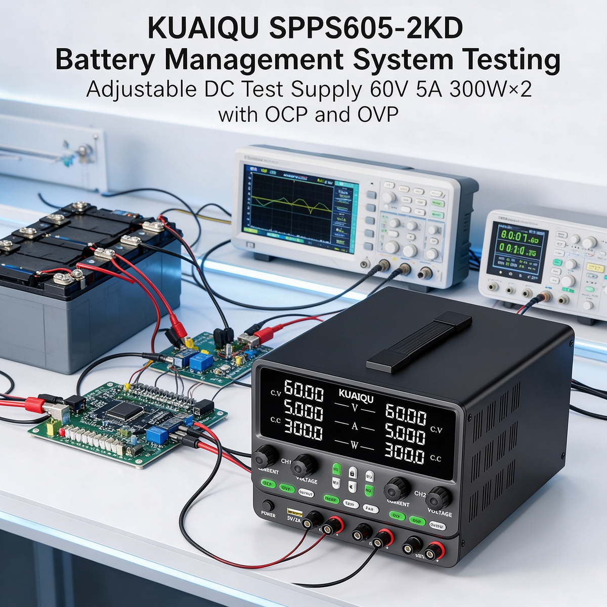 KUAIQU SPPS605-2KD Battery Management System Testing Adjustable DC Test Supply 60V 5A 300W×2 with OCP and OVP
