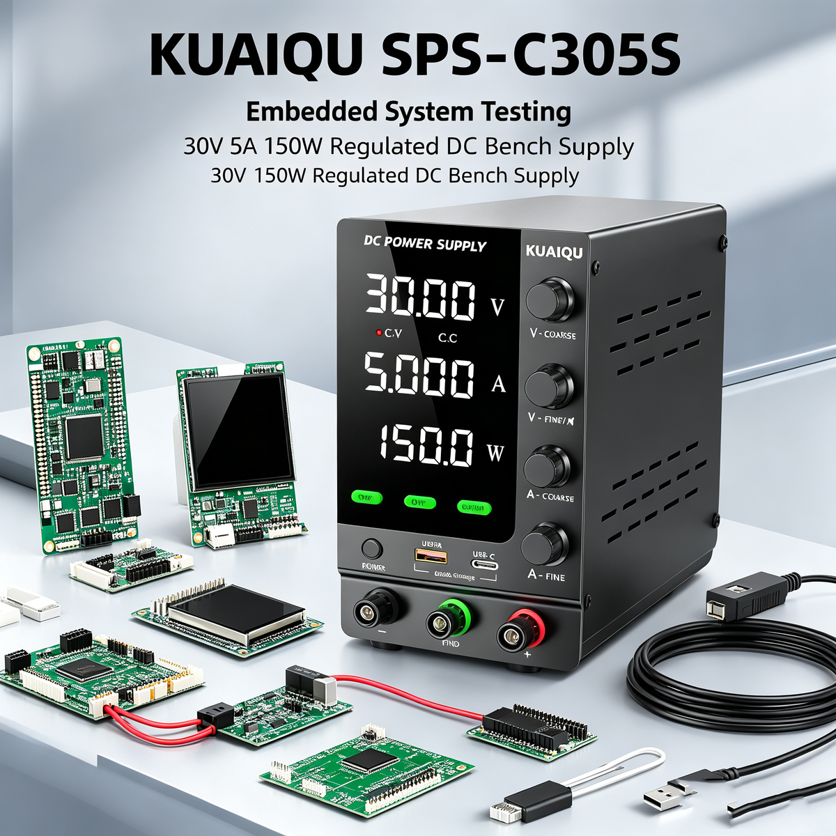 KUAIQU SPS-C305S 30V 5A 150W Regulated DC Bench Supply with OCP for Embedded System Testing