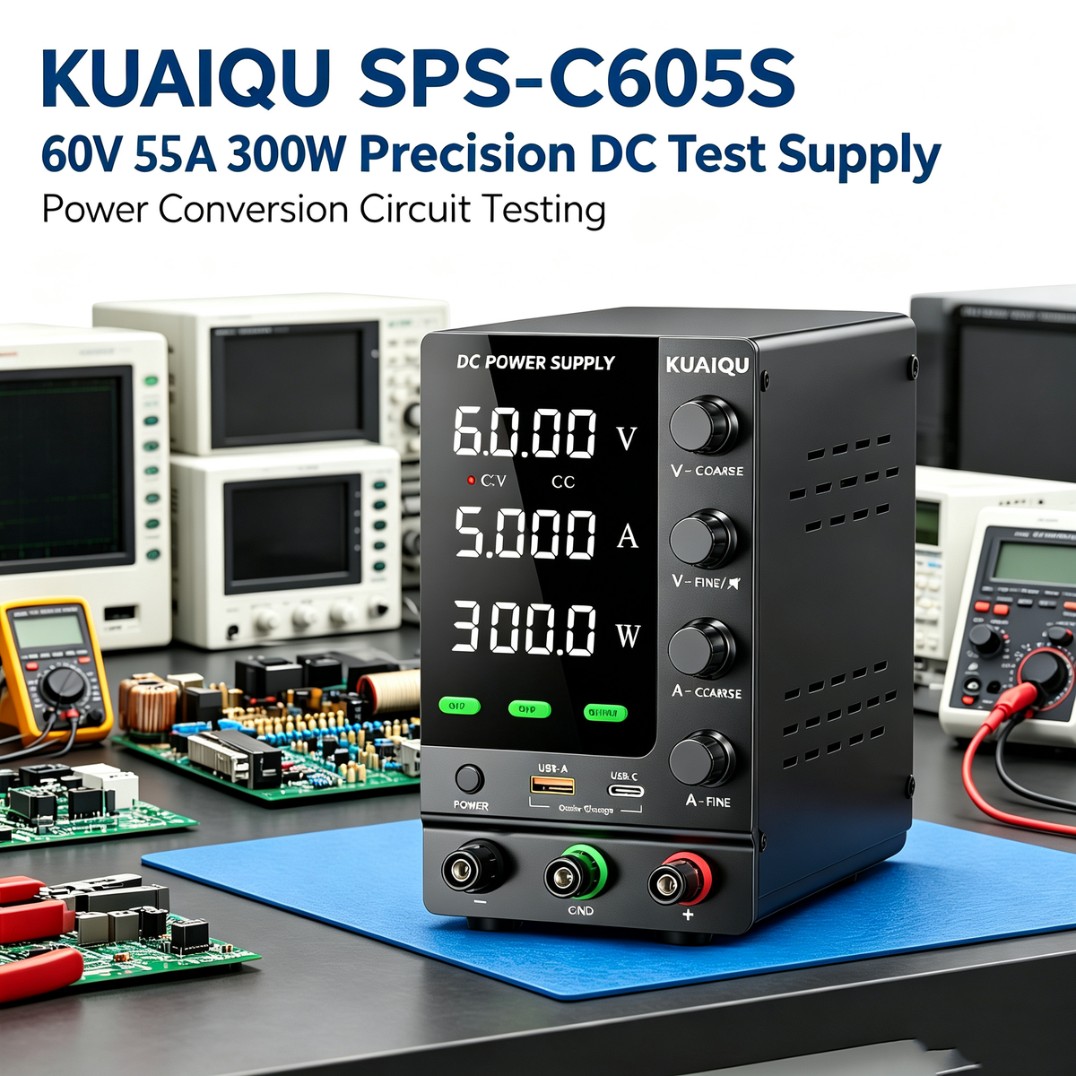 KUAIQU SPS-C605S 60V 5A 300W Precision DC Test Supply with Encoder for Power Conversion Circuit Testing