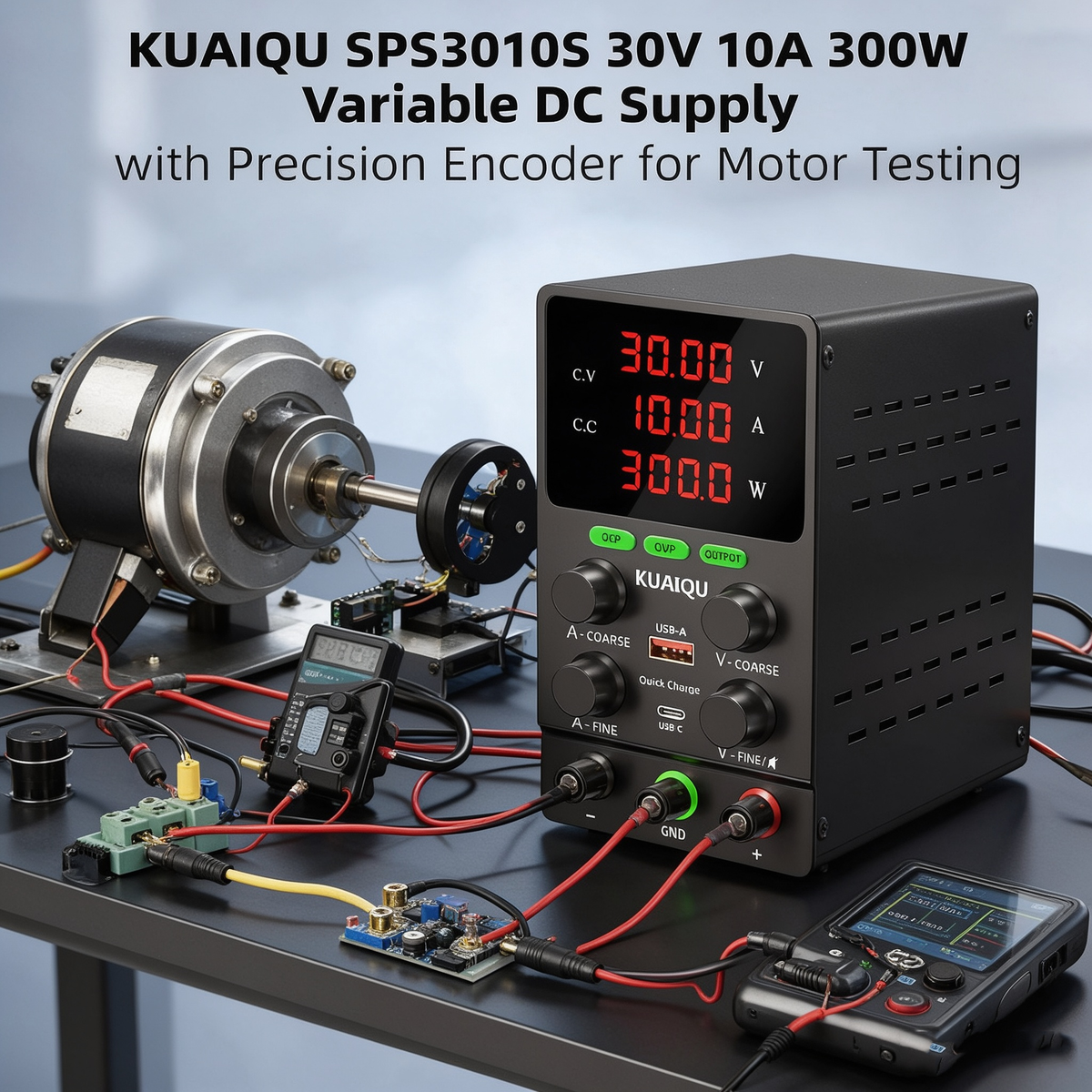 KUAIQU SPS3010S 30V 10A 300W Variable DC Supply with Precision Encoder for Motor Testing