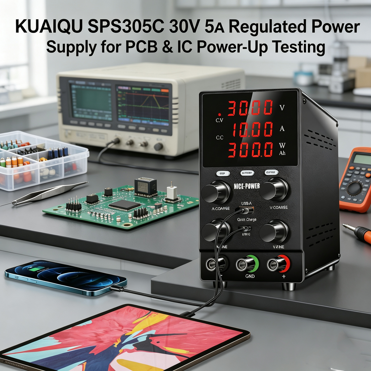 KUAIQU SPS305C 30V 5A Regulated Power Supply for PCB & IC Power-Up Testing