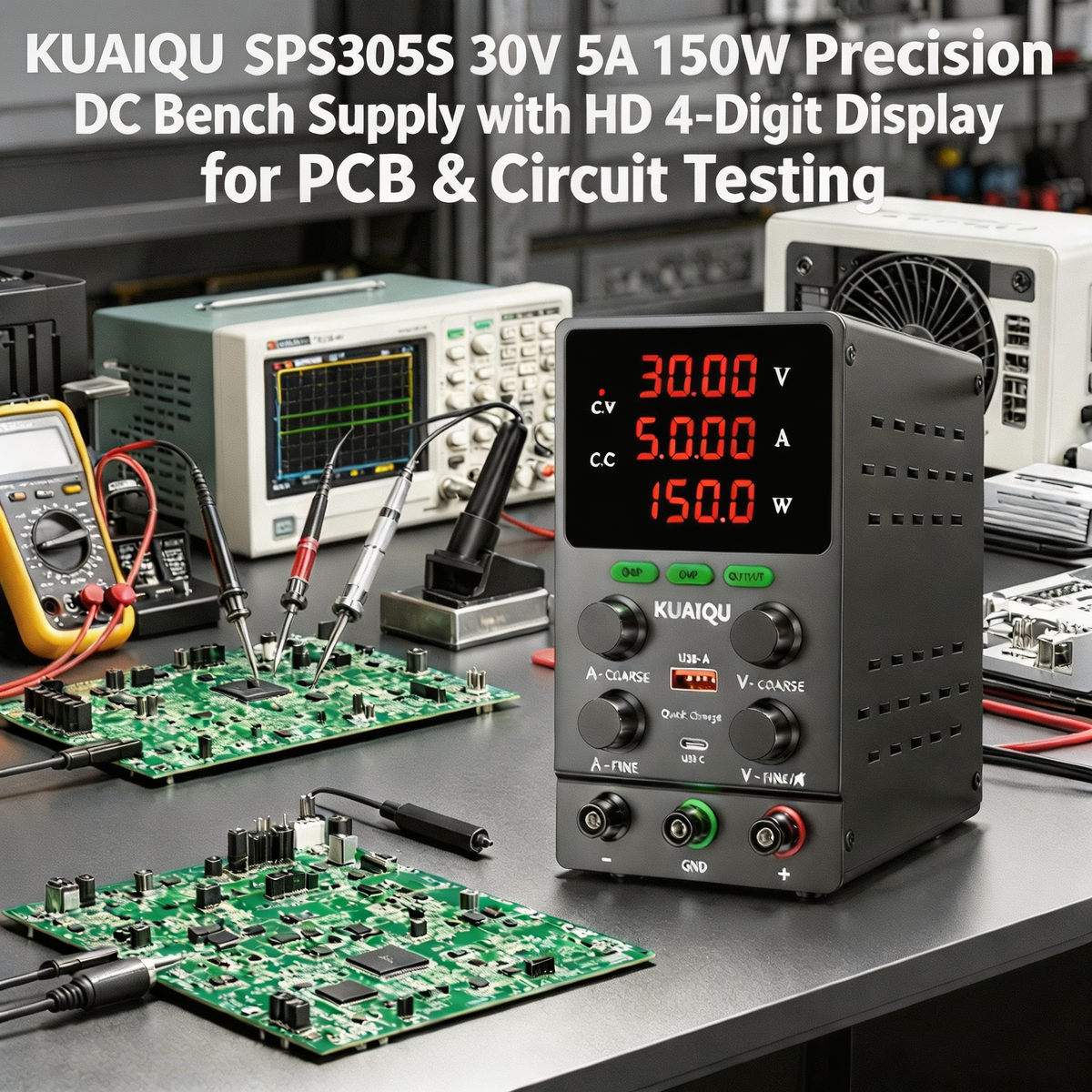 KUAIQU SPS305S 30V 5A 150W Precision DC Bench Supply with HD 4-Digit Display for PCB & Circuit Testing