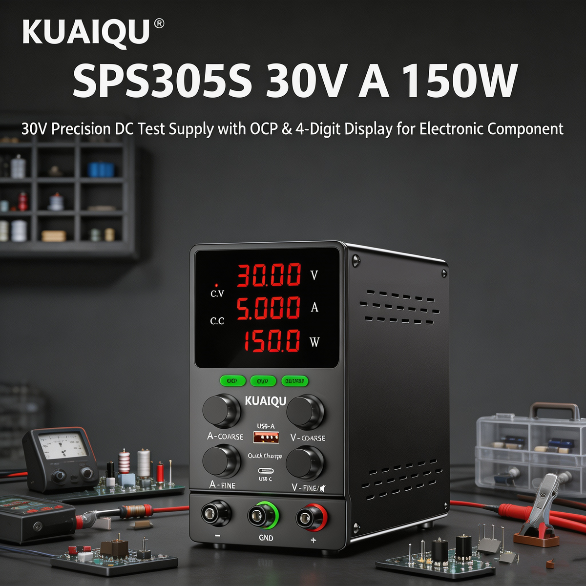 KUAIQU SPS305S 30V 5A 150W Precision DC Test Supply with OCP & 4-Digit Display for Electronic Component Testing
