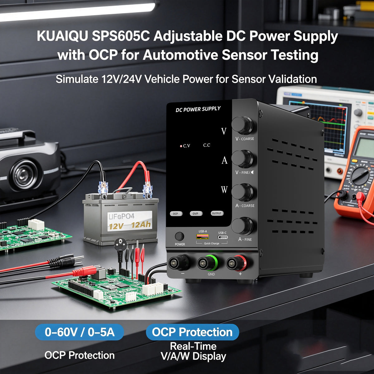 KUAIQU SPS605C Adjustable DC Power Supply with OCP for Automotive Sensor Testing