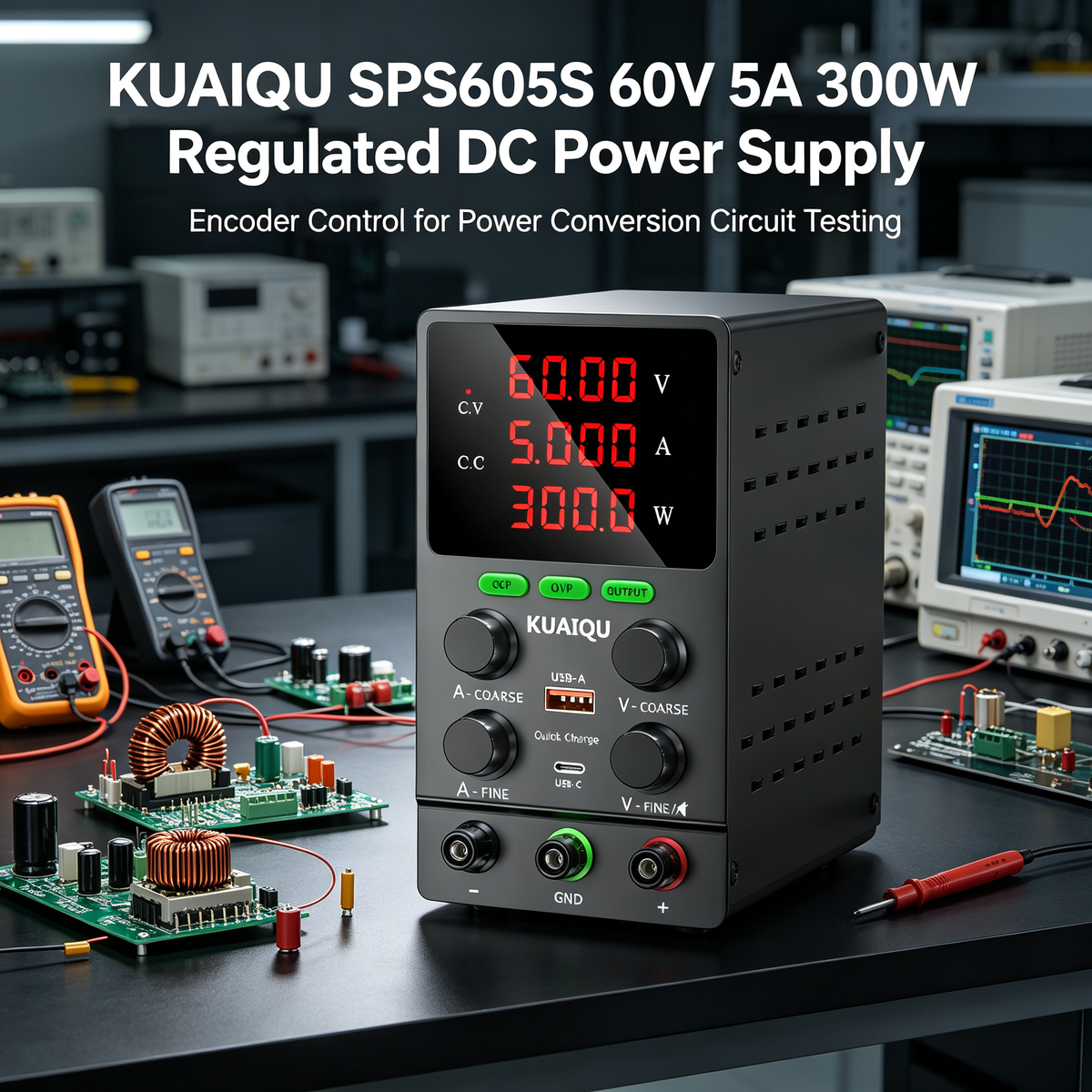 KUAIQU SPS605S 60V 5A 300W Regulated DC Power Supply with Encoder Control for Power Conversion Circuit Testing