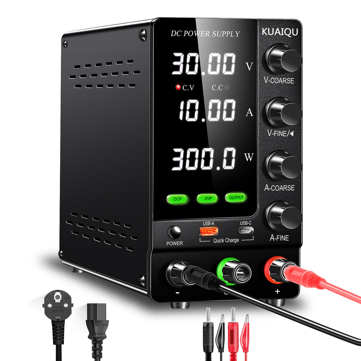 KUAIQU SPS-C3010S - Fuente de alimentación CC variable de 30 V y 10 A, protección contra cortocircuitos, 18 W, interruptor de salida de carga rápida USB para carga de batería