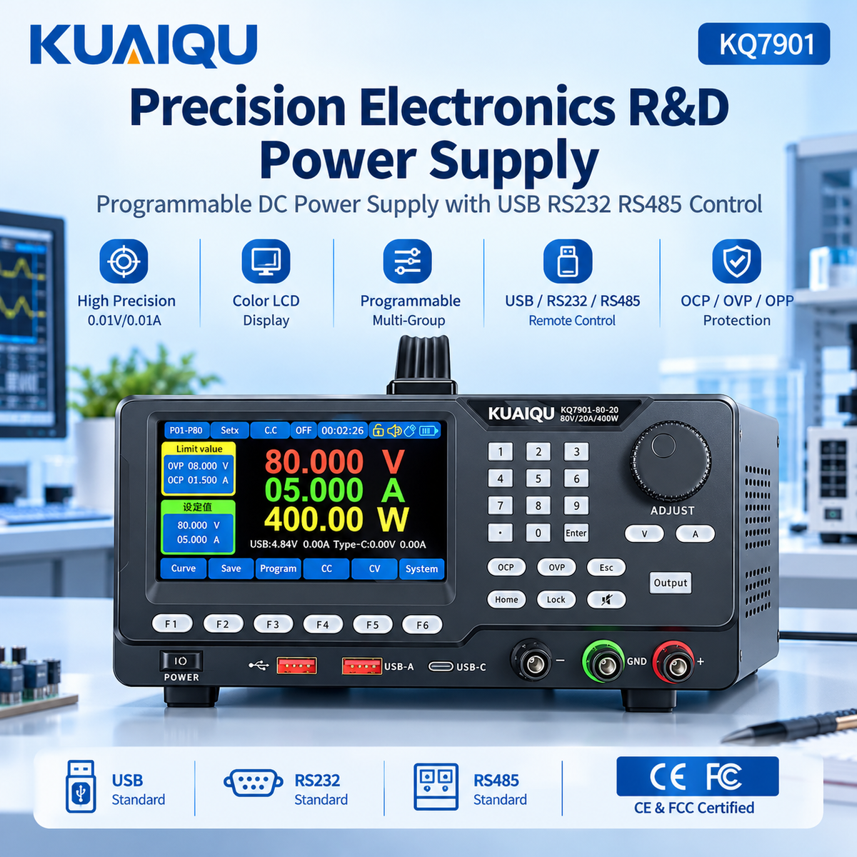 KUAIQU KQ7901 0-80V 0-20A 400W Precision Electronics R&D Power Supply, Programmable DC Power Supply with USB RS232 RS485 Control