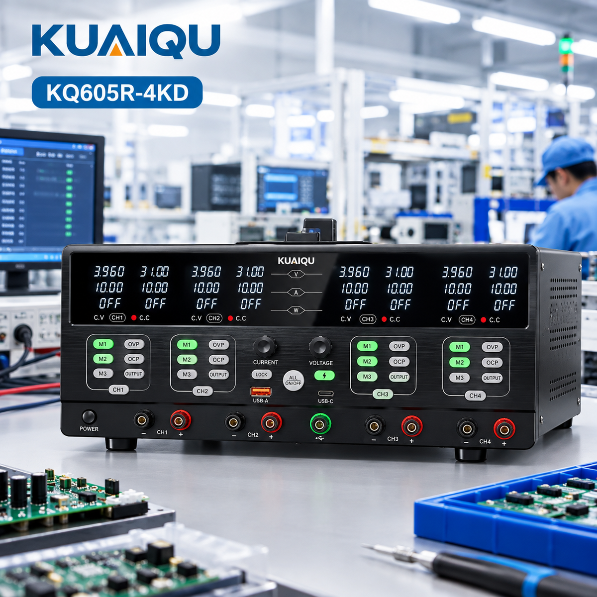 KUAIQU KQ605R-4KD 0-60V 0-5A 4-Channel Programmable DC Power Supply, Multi-Channel Power Supply for Electronics Manufacturing and Production Testing