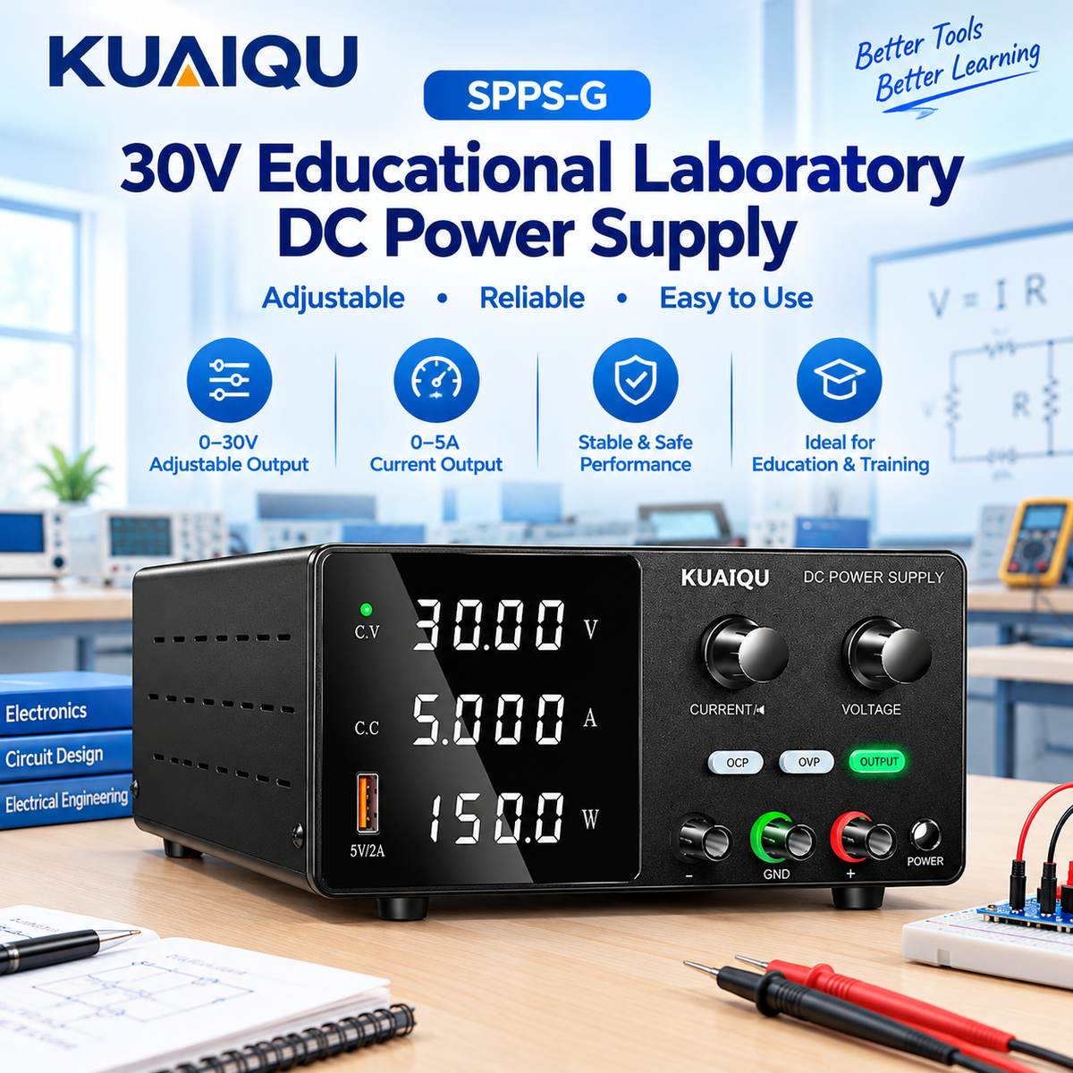 KUAIQU SPPS-G 30V Educational Laboratory DC Power Supply, Adjustable School Bench Power Supply for Electrical & Electronics Teaching