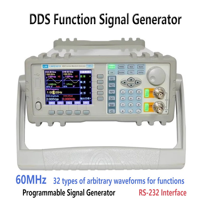 Generador de señales con función DDS, 60 MHz, 80 MHz, 2 canales, salida de forma de onda múltiple, interfaz RS232 