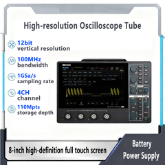 Digital Oscilloscope 4 Channel 100MHz 200MHz Handheld Touch Screen  110Mpts storage depth 12bit vertical resolution 1GSa/s