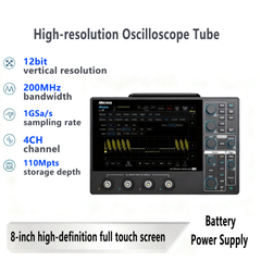 Digital Oscilloscope 4 Channel 100MHz 200MHz Handheld Touch Screen  110Mpts storage depth 12bit vertical resolution 1GSa/s