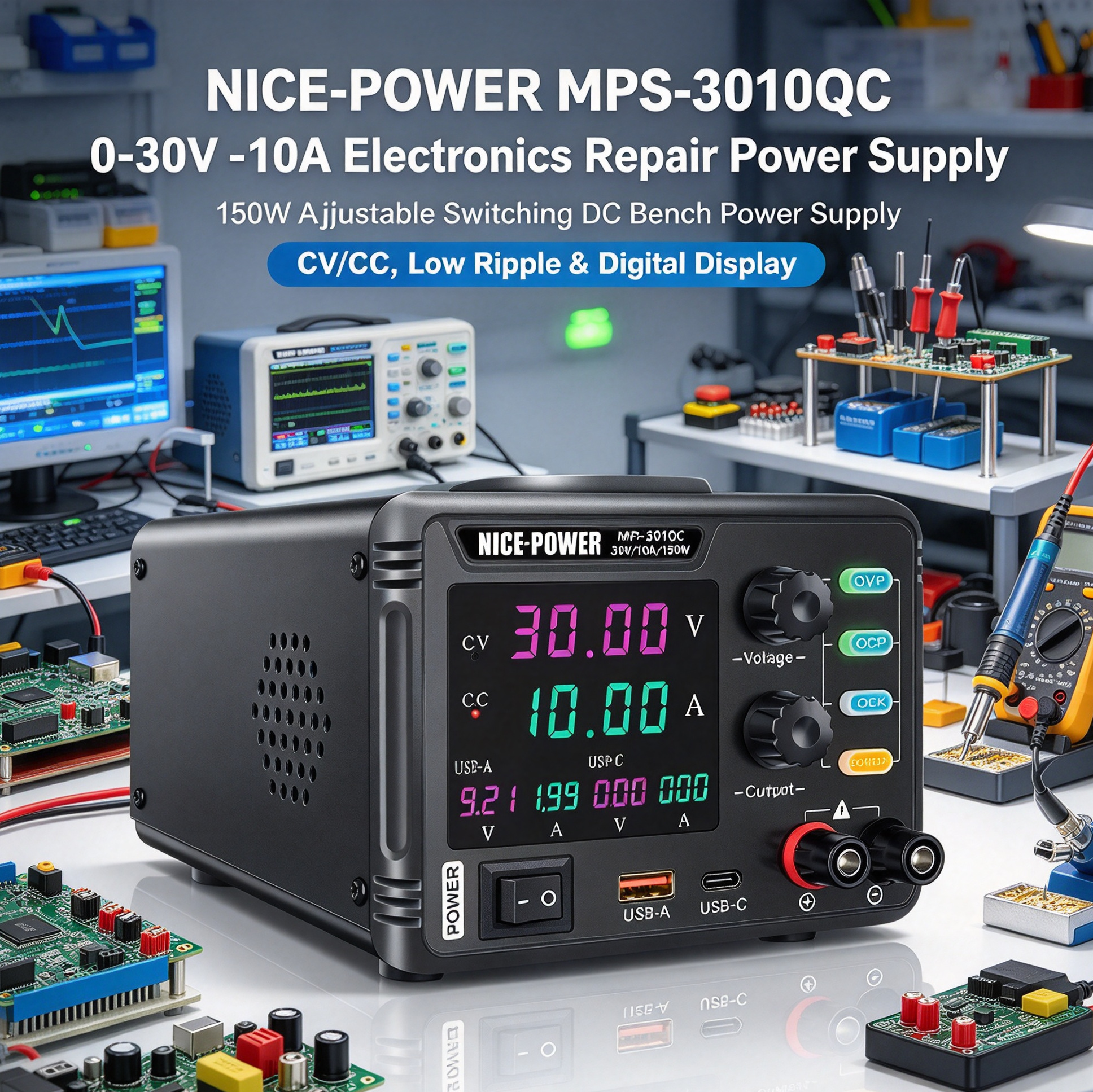MPS-3010QC 150W Adjustable Switching DC Bench Power Supply with CV/CC, Low Ripple &amp; Digital Display