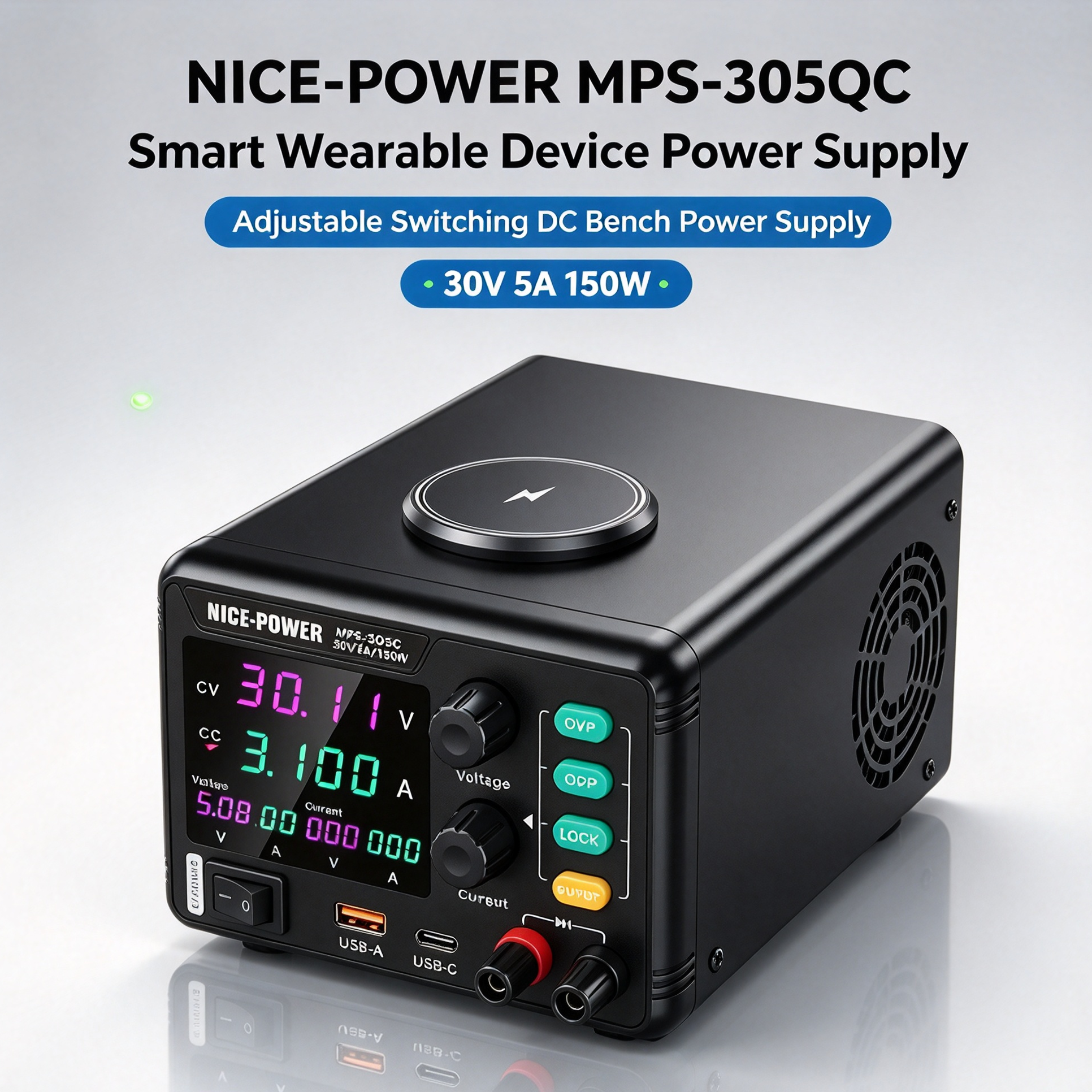 MPS-305QC Smart Wearable Device Power Supply, Adjustable Switching DC Bench Power Supply 30V 5A 150W