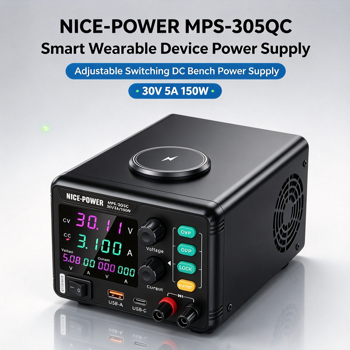 MPS-305QC Smart Wearable Device Power Supply, Adjustable Switching DC Bench Power Supply 30V 5A 150W