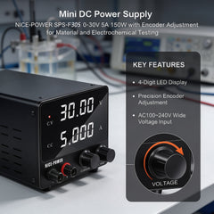 Mini DC Power Supply NICE-POWER SPS-F305 0-30V 5A 150W with Encoder Adjustment for Material and Electrochemical Testing