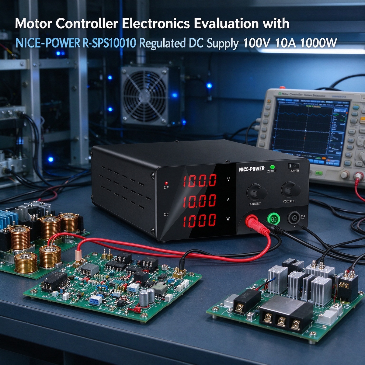 Motor Controller Electronics Evaluation with NICE-POWER R-SPS10010 Regulated DC Supply 100V 10A 1000W