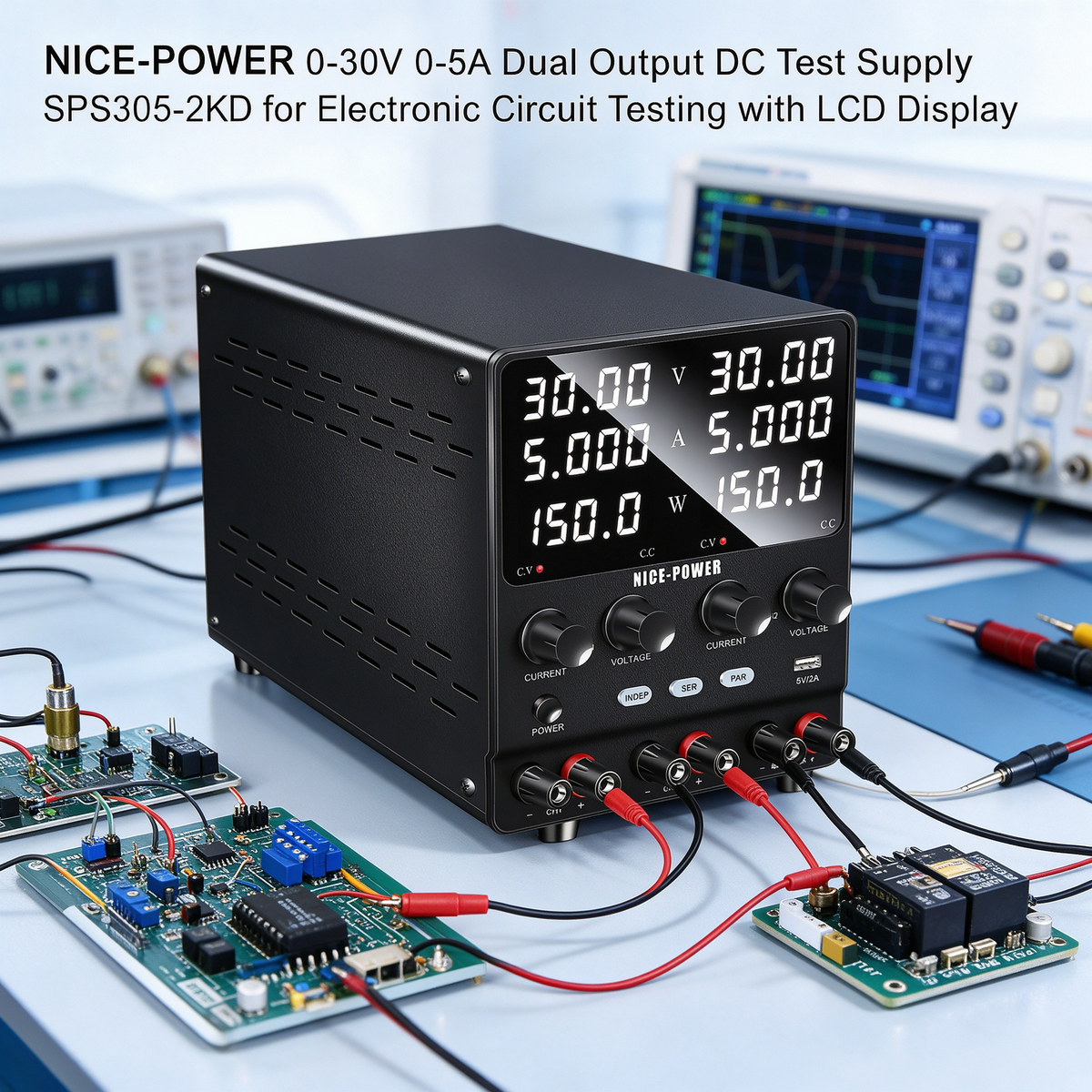 NICE-POWER 0-30V 0-5A Dual Output DC Test Supply SPS305-2KD for Electronic Circuit Testing with LCD Display