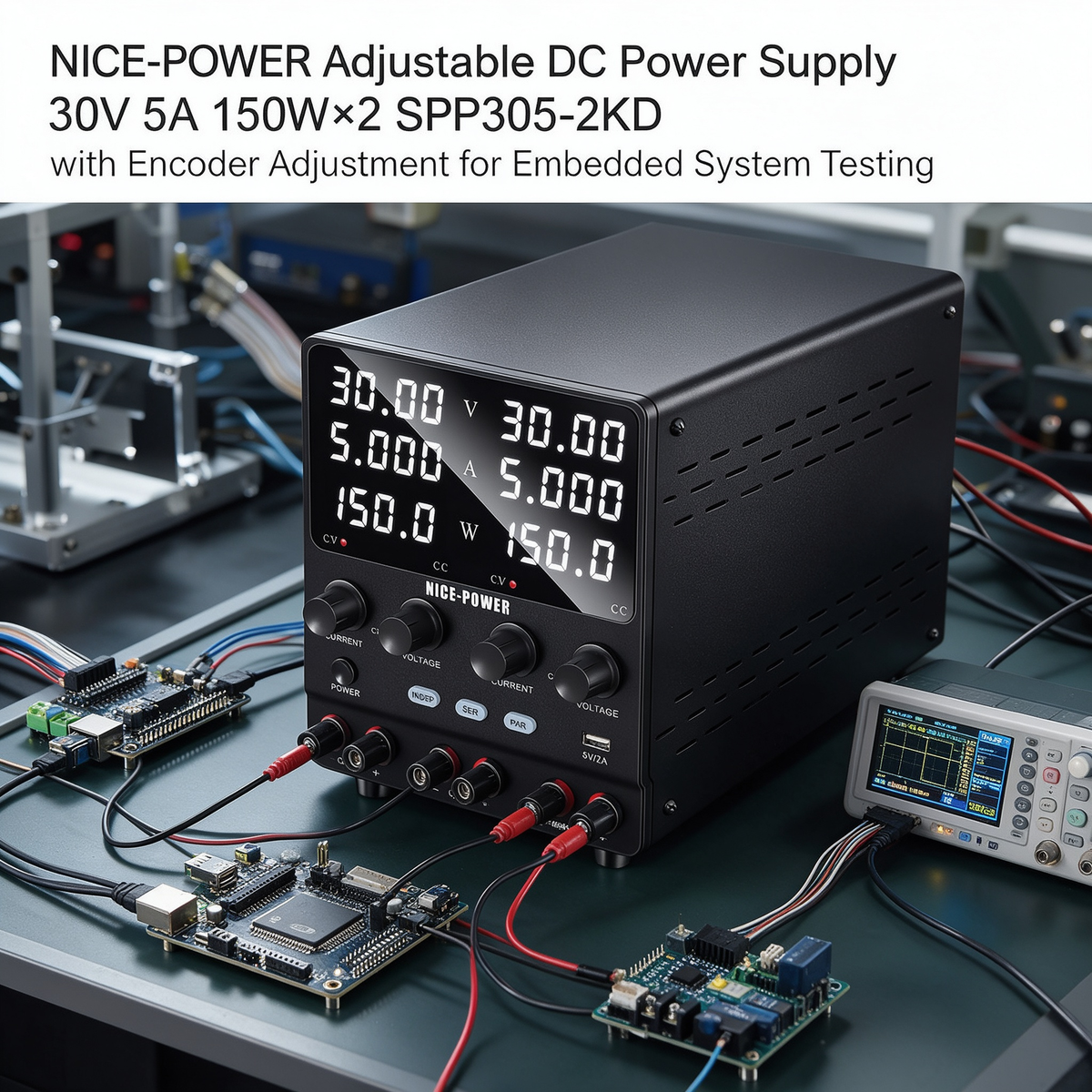 NICE-POWER Adjustable DC Power Supply 30V 5A 150W×2 SPS305-2KD with Encoder Adjustment for Embedded System Testing