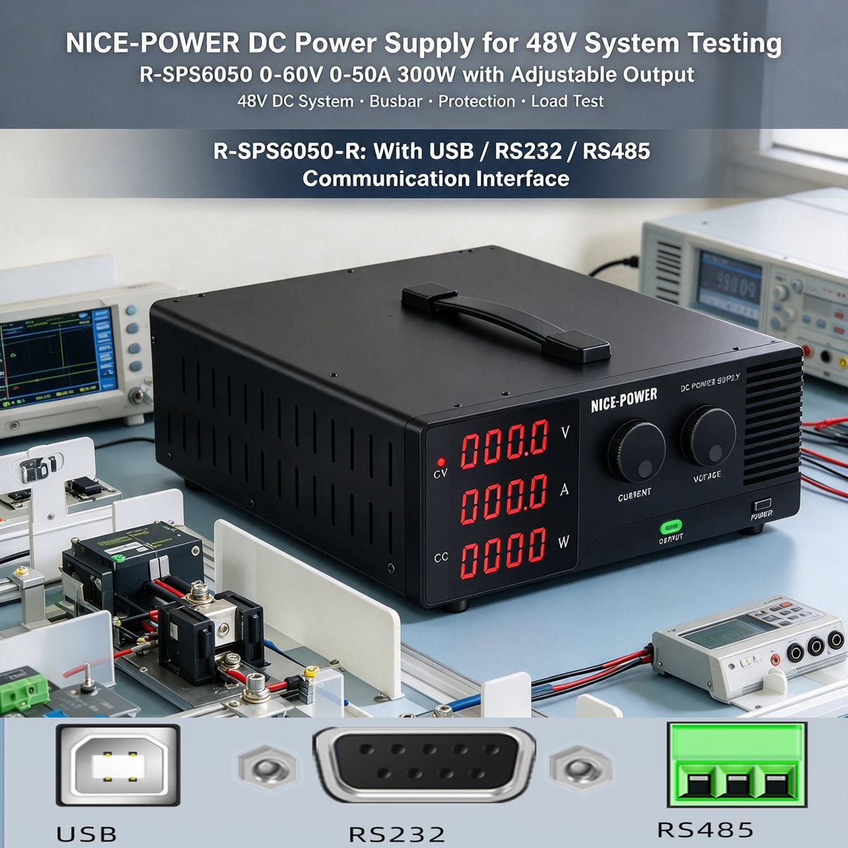 NICE-POWER DC Power Supply for 48V System Testing R-SPS6050 0-60V 0-50A 3000W with Adjustable Output