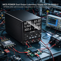 NICE-POWER Dual Output Laboratory Supply 60V 5A 300W×2 SPS605-2KD with Encoder Adjustment for EV Auxiliary System Testing