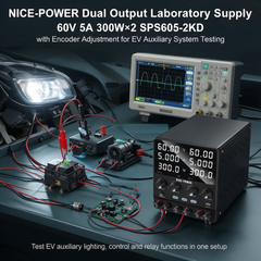 NICE-POWER Dual Output Laboratory Supply 60V 5A 300W×2 SPS605-2KD with Encoder Adjustment for EV Auxiliary System Testing