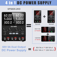 NICE-POWER Dual Output Laboratory Supply 60V 5A 300W×2 SPS605-2KD with Encoder Adjustment for EV Auxiliary System Testing