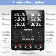 NICE-POWER Dual Output Laboratory Supply 60V 5A 300W×2 SPS605-2KD with Encoder Adjustment for EV Auxiliary System Testing