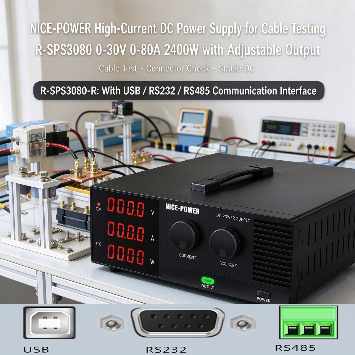 NICE-POWER High-Current DC Power Supply for Cable Testing R-SPS3080 0-30V 0-80A 2400W with Adjustable Output