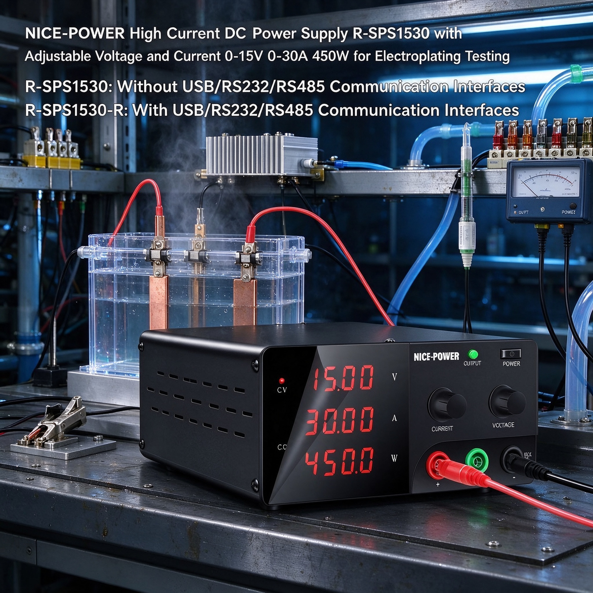 NICE-POWER High Current DC Power Supply R-SPS1530 with Adjustable Voltage and Current 0-15V 0-30A 450W for Electroplating Testing