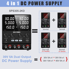 NICE-POWER PCB Assembly Testing DC Bench Power Supply DC Supply SPS305-2KD 0-30V 0-5A 150W×2 Dual Output