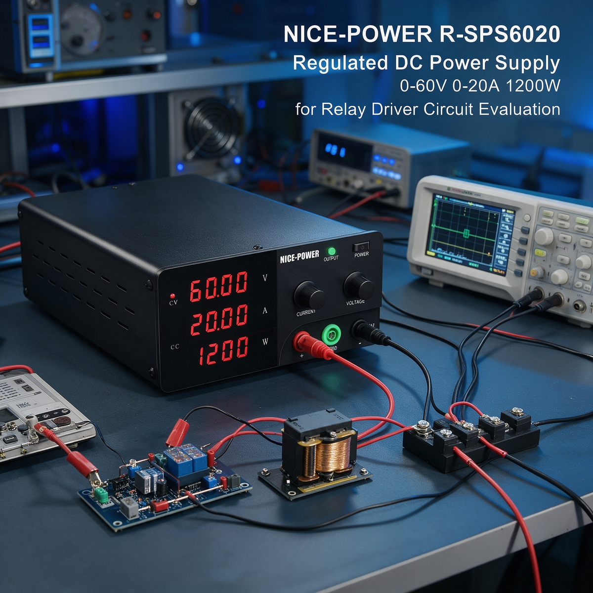 NICE-POWER R-SPS6020 Regulated DC Power Supply 0-60V 0-20A 1200W for Relay Driver Circuit Evaluation